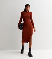 Gini London Rust Ribbed Knit Cut Out Bodycon Midi Dress